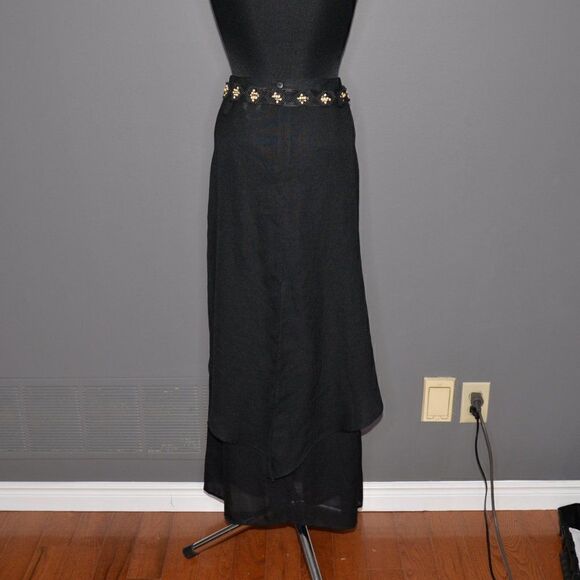 Vintage Layered Black Tiered Maxi Skirt w/ Beaded Belt Sz 12 - Picture 2 of 8